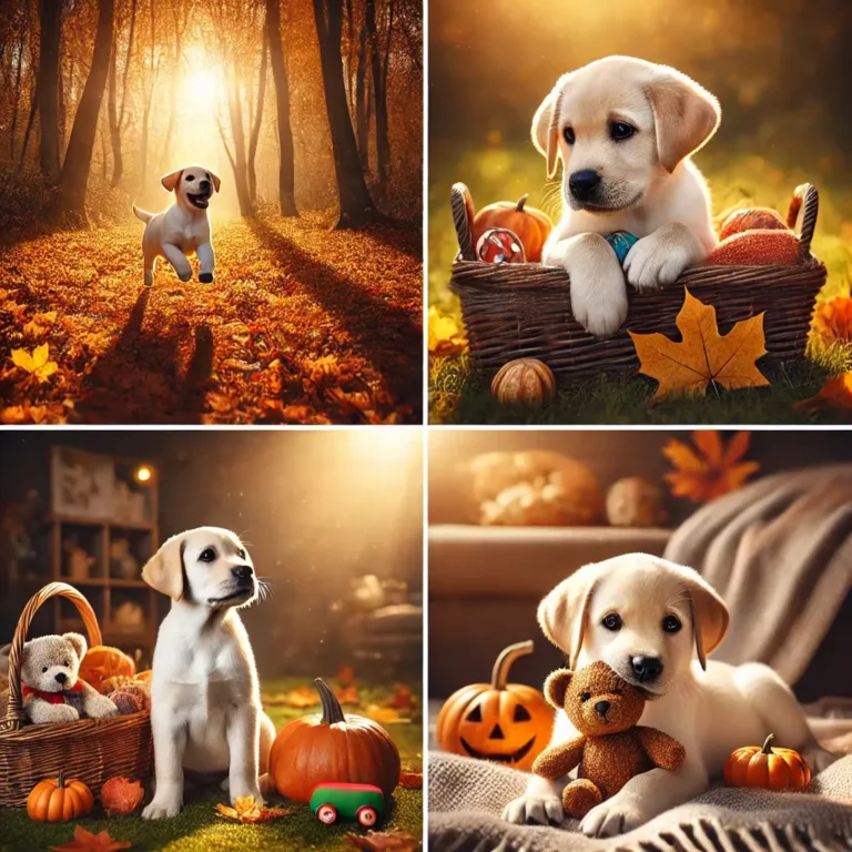A collage of four images featuring a Labrador puppy in different cozy and playful autumn-themed settings.