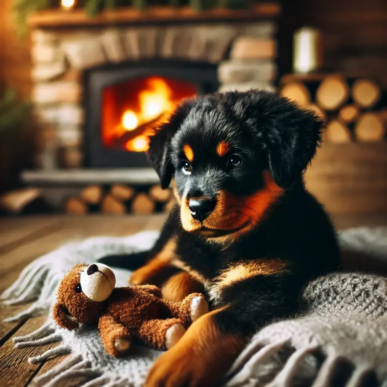 A Rottweiler Australian Shepherd mix puppy lying on a cozy blanket near a fireplace. The puppy's black, tan, and merle fur glows in the warm light