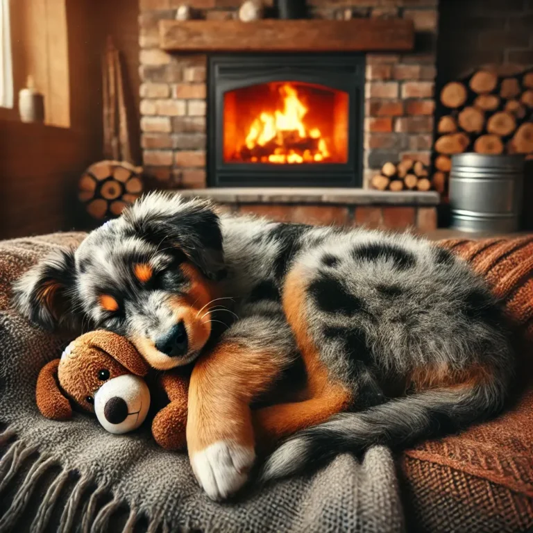 An Australian Shepherd Pitbull mix puppy curled up on a cozy blanket near a fireplace. The puppy's brindle and merle fur glows in the warm light