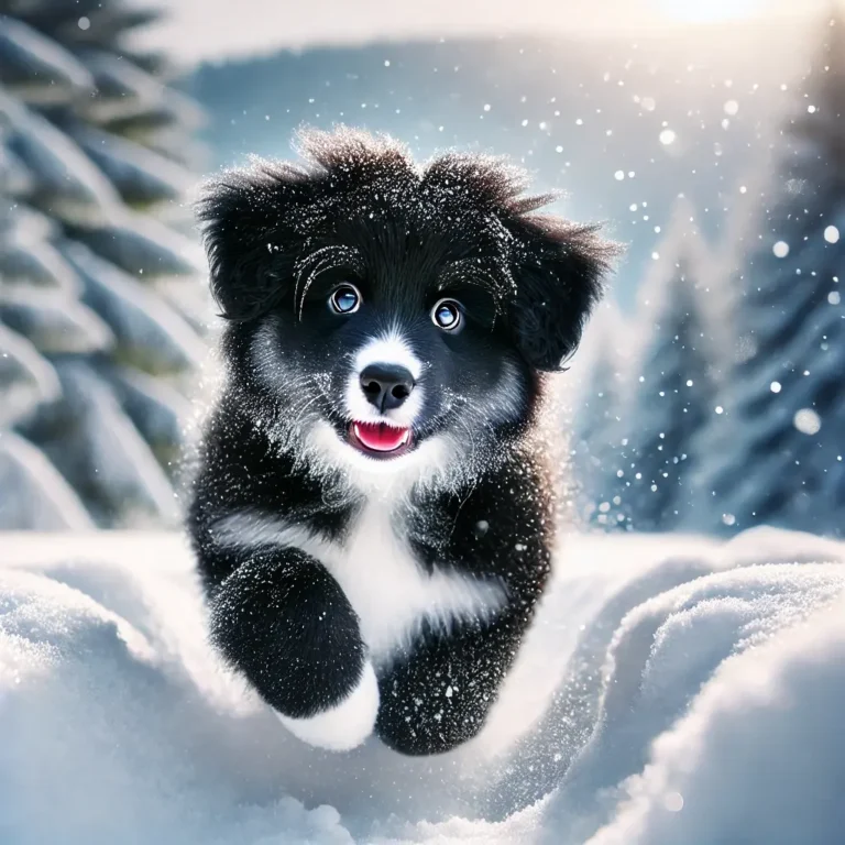 A black Australian Shepherd puppy playing in a snowy landscape, its fluffy black fur dusted with fresh snow. The puppy has bright, joyful eyes