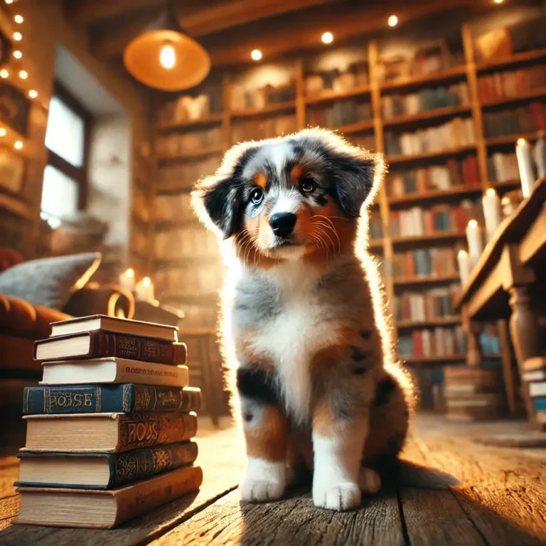 An Australian Shepherd merle puppy sitting inside a cozy bookshop, surrounded by shelves of books and soft lighting.