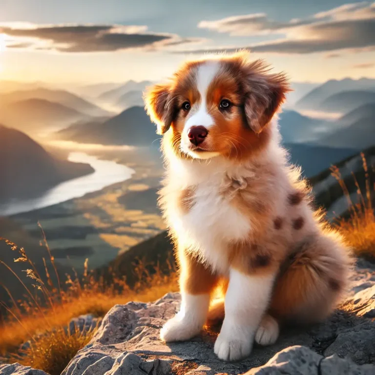 A red merle Australian Shepherd puppy sitting on a mountaintop, gazing over the breathtaking view of valleys below.