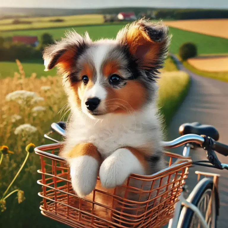 A toy Australian Shepherd puppy riding in a bicycle basket along a scenic country road. The puppy’s ears perk up as the wind rushes past