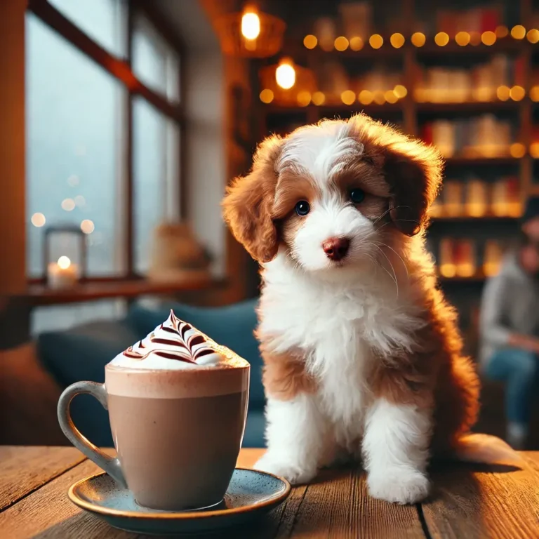 A miniature Australian Shepherd Labradoodle puppy sitting in a cozy café, next to a cup of steaming hot chocolate.