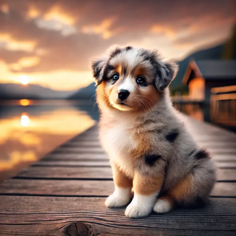 A miniature Australian Shepherd puppy sitting on a wooden dock, gazing at a calm lake with a curious expression.