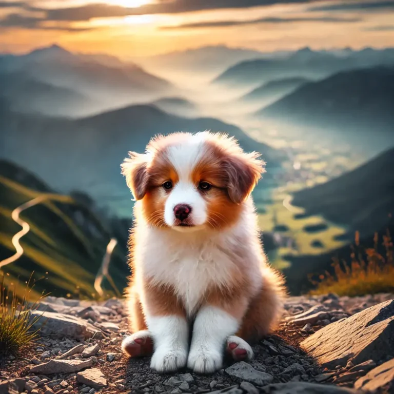 A mini Australian Shepherd puppy sitting on a mountain trail, overlooking a breathtaking valley below.