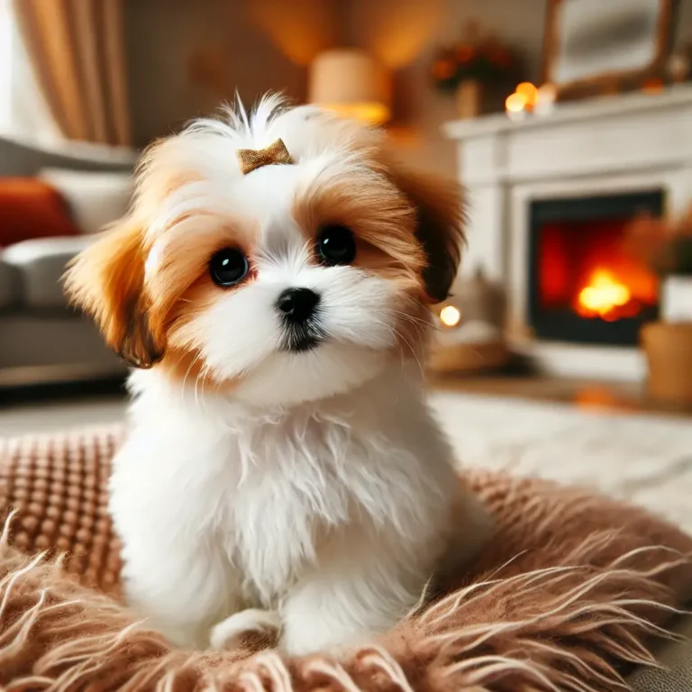 A Shih Tzu Maltese mix puppy sitting on a fluffy blanket in a cozy living room, looking up with big, adorable eyes.