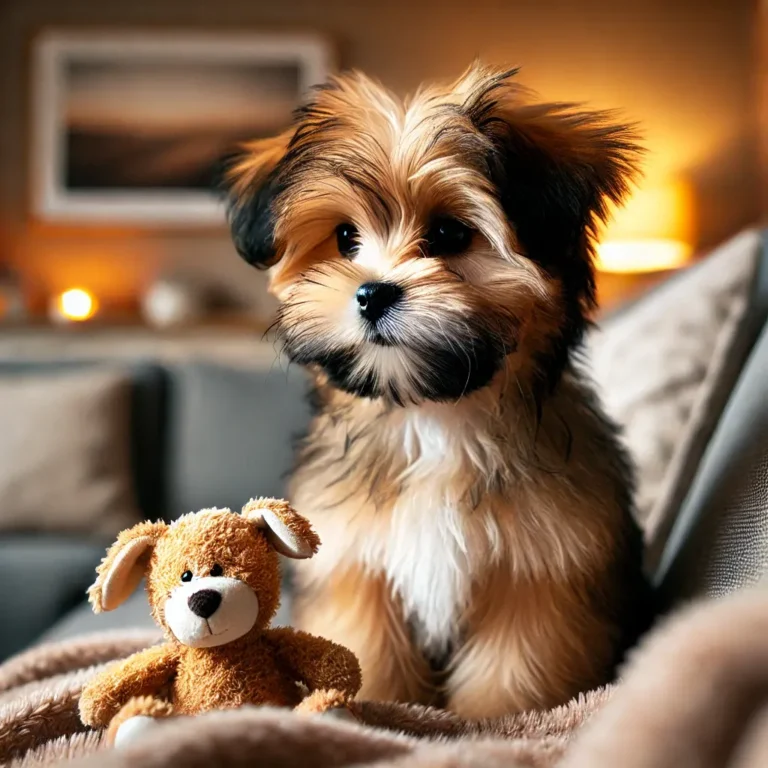 A Shih Tzu and Yorkie mix puppy sitting on a cozy couch with a soft blanket, looking curiously at a plush toy.