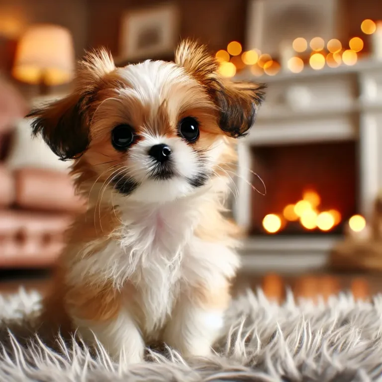 A Shih Tzu Chihuahua mix puppy sitting on a fluffy rug in a cozy living