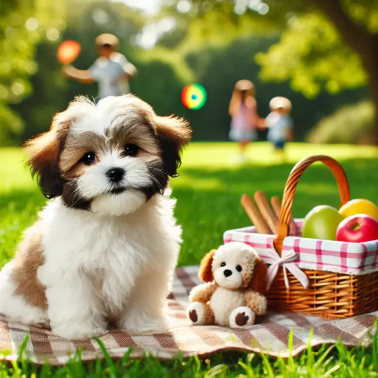 A Shih Tzu Poodle mix puppy sitting on a picnic blanket in a lush green park, surrounded by a small picnic basket with fruits and a plush toy.