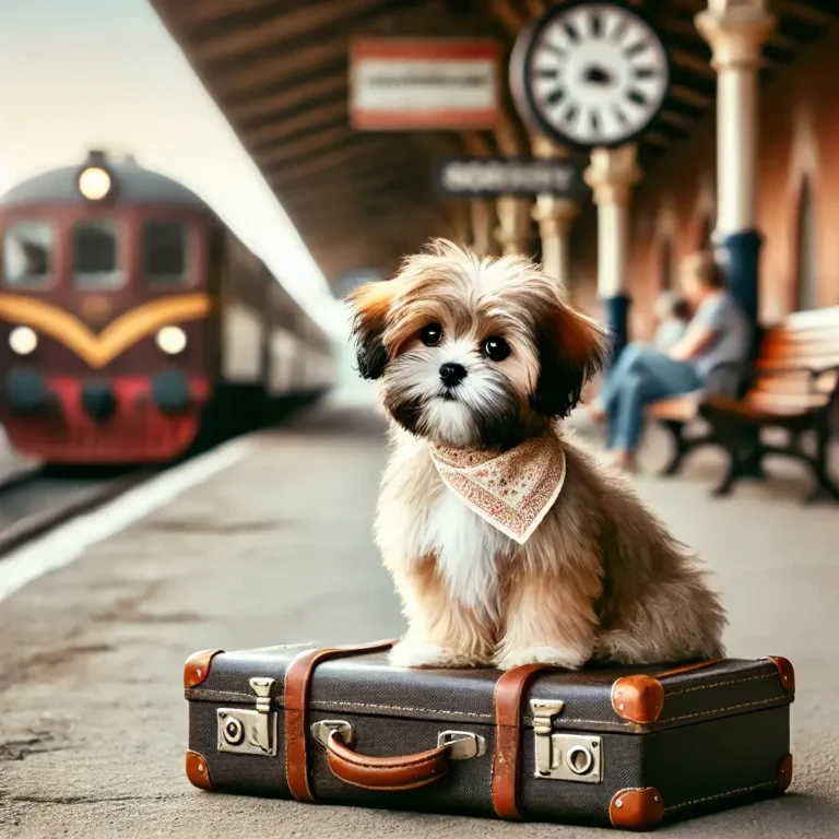 A Shih Tzu Yorkshire Terrier mix puppy sitting on a vintage suitcase at a train station, looking curiously at the passing trains.