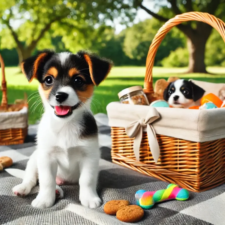 A Rat Terrier Shih Tzu mix puppy sitting on a picnic blanket in a park, surrounded by a basket of treats and toys.