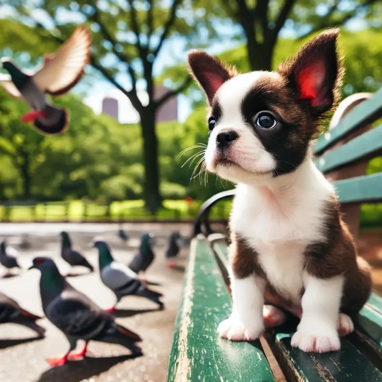 A Boston Terrier Shih Tzu mix puppy sitting on a park bench, looking curiously at pigeons nearby.