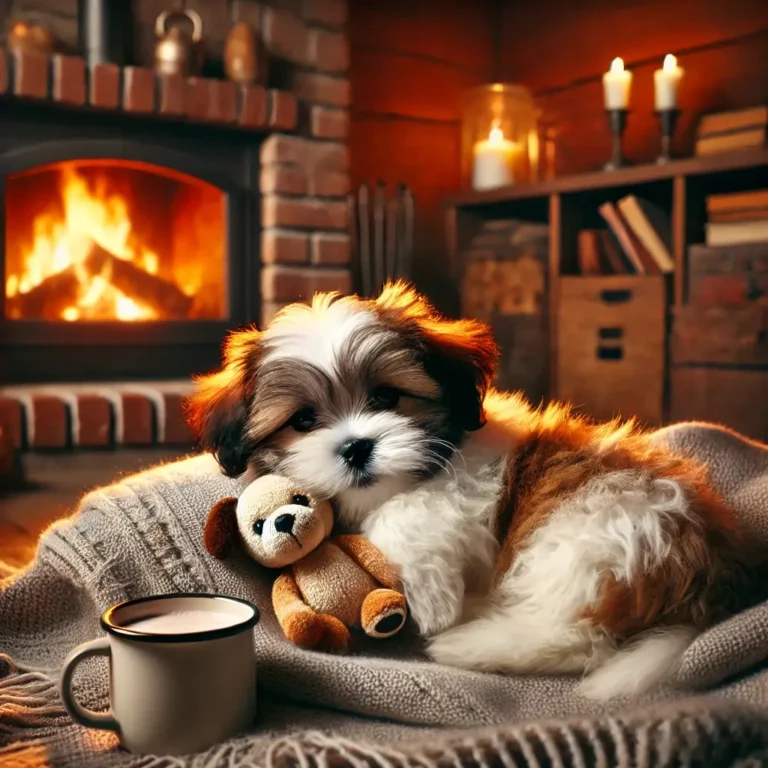 A Shih Tzu Jack Terrier mix puppy curled up on a soft blanket by the fireplace, looking sleepy and relaxed.