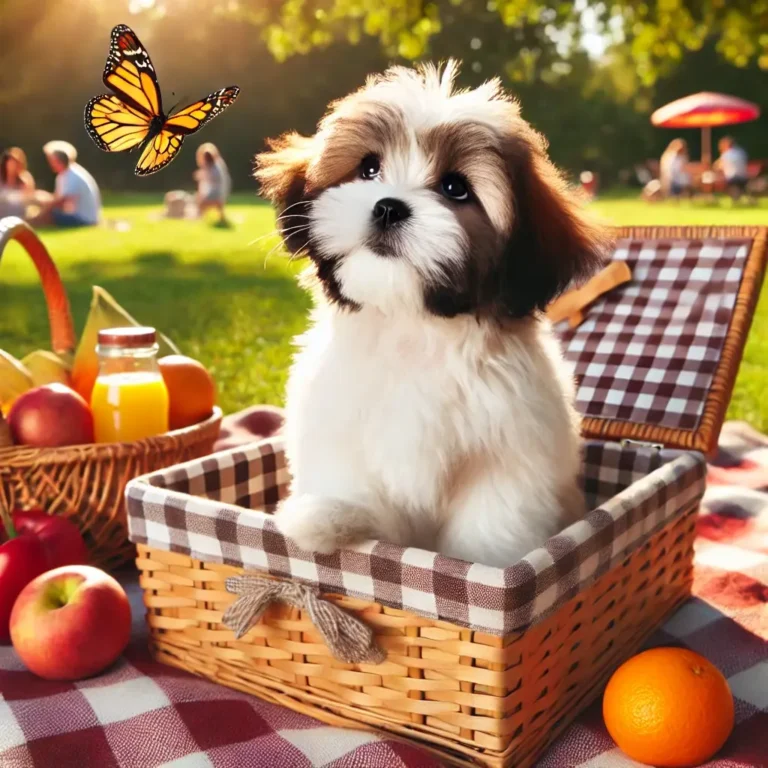 A Shih Tzu Terrier mix puppy sitting in a picnic basket in a sunny park, surrounded by fresh fruits and a checkered blanket.