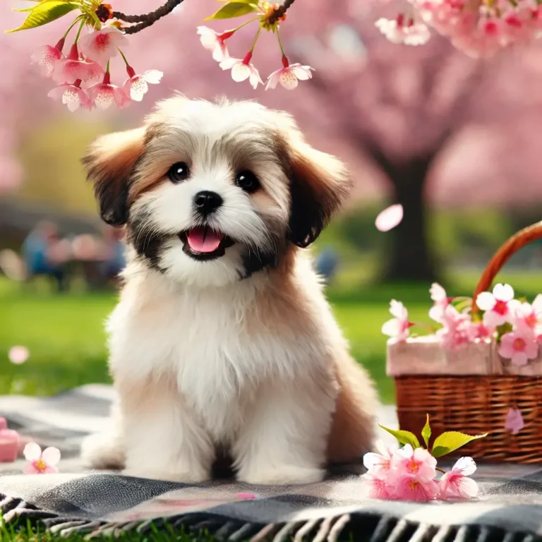 A Shih Tzu mix puppy sitting on a picnic blanket under a blooming cherry blossom tree.