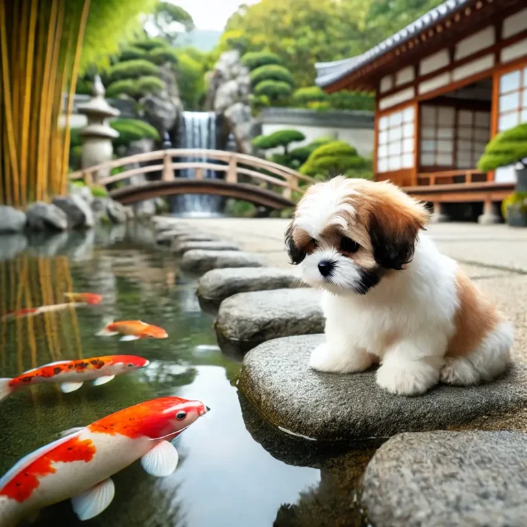 A Japanese Shih Tzu puppy playing with koi fish near a pond in a traditional Japanese garden.