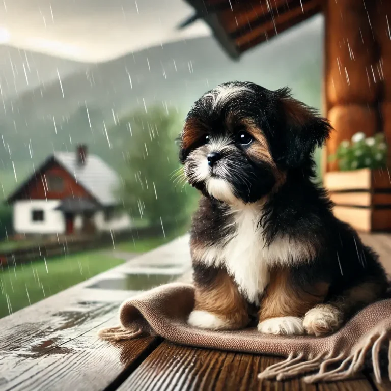 A black and brown Shih Tzu puppy sitting on a wooden porch during a rainy afternoon, watching raindrops fall.