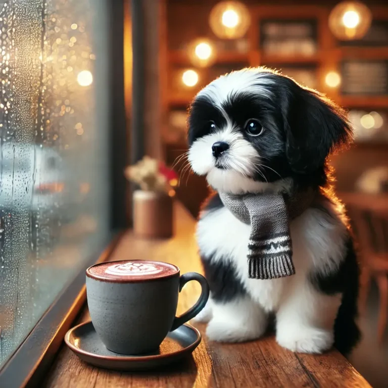 A black and white Shih Tzu puppy sitting inside a cozy café, watching the rain through the window.