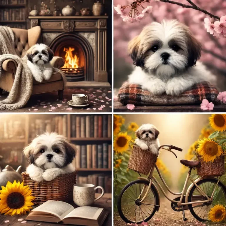 A collage of four images featuring a fluffy Shih Tzu puppy in different unique scenarios