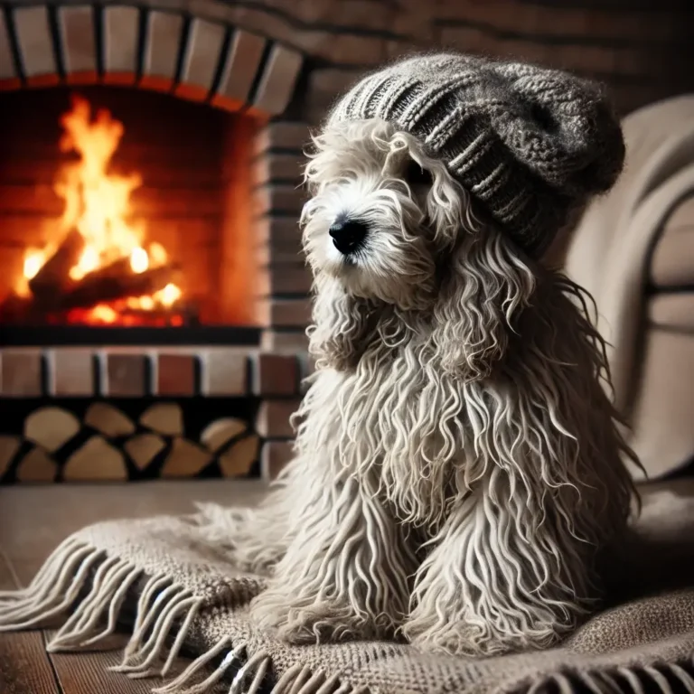 A Mop Dog (Komondor) puppy sitting on a cozy blanket near a fireplace