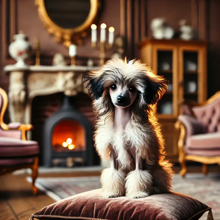 A Chinese Crested Dog Poodle mix puppy sitting on a plush velvet cushion
