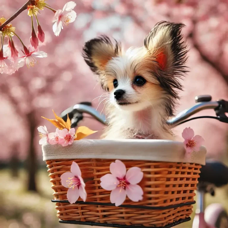 A Chinese Crested Dog Chihuahua mix puppy riding in a bicycle basket