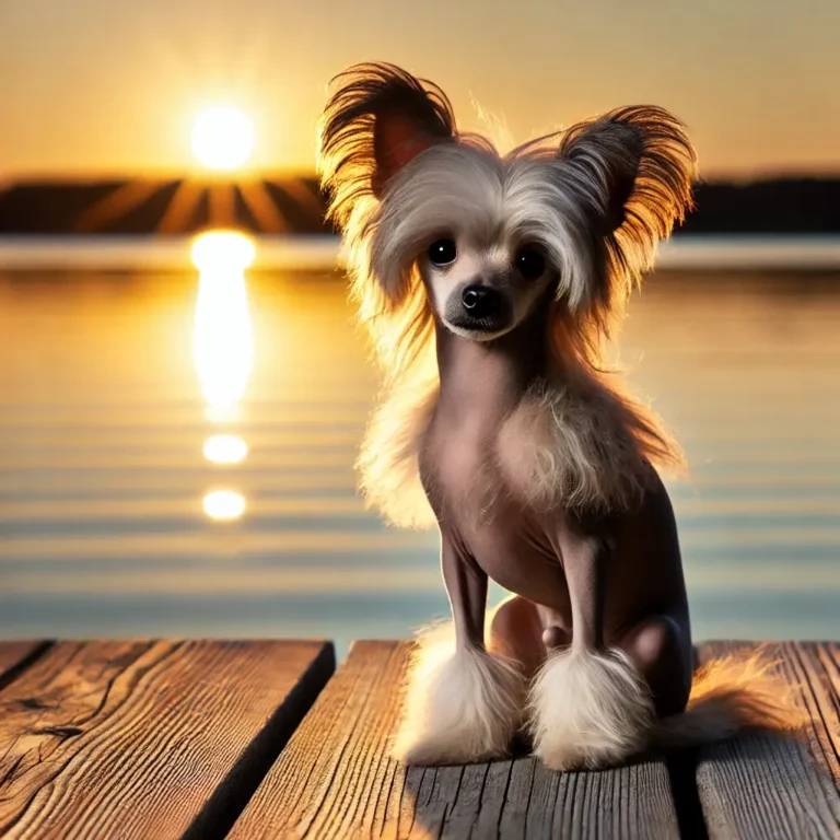 A Chinese Crested Dog puppy sitting on a wooden dock overlooking a peaceful lake at sunset.