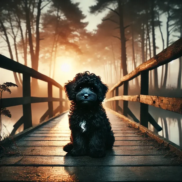 A black Bolognese dog puppy sitting on a wooden bridge during sunrise,