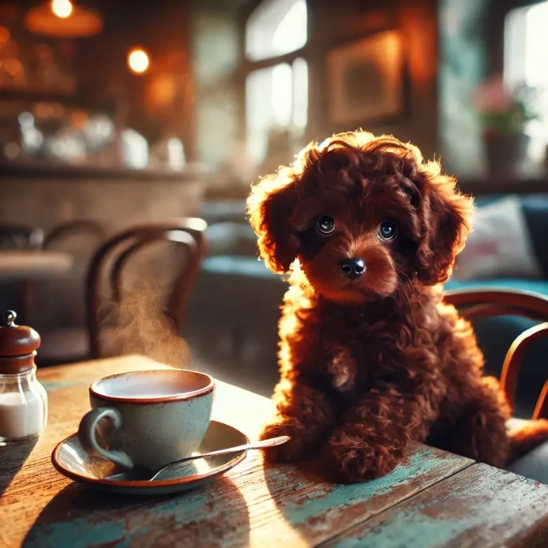 A brown Bolognese dog puppy sitting in a cozy café, looking curiously at a steaming cup of tea on the table.