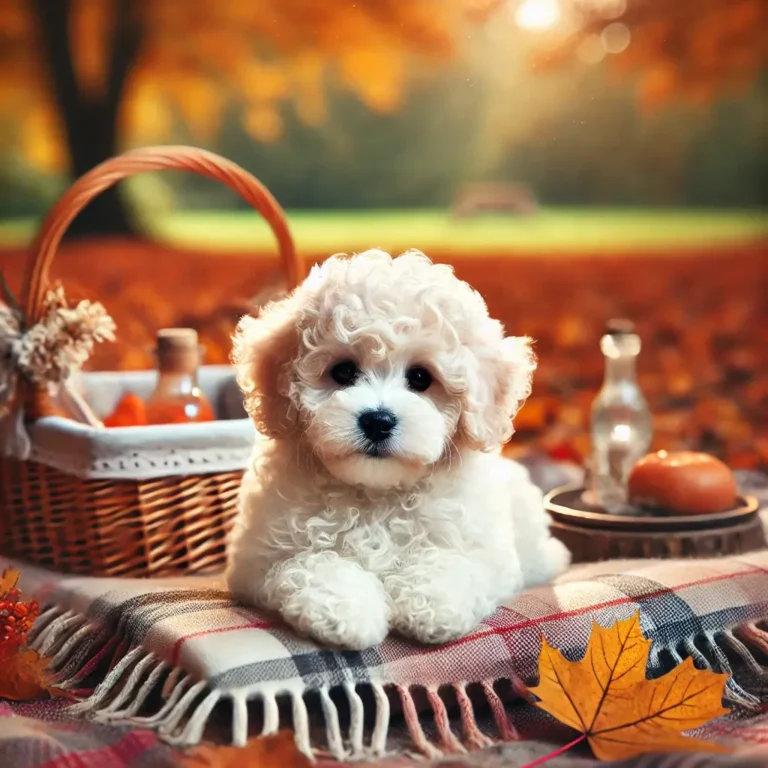 A Bolognese dog puppy sitting on a picnic blanket in a park, surrounded by autumn leaves and a cozy setting