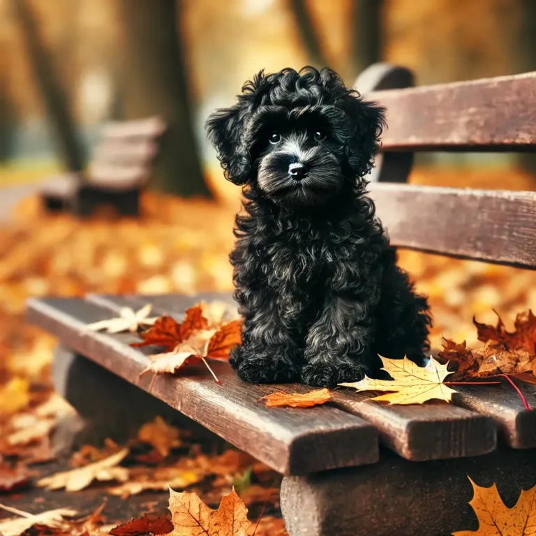 A black Schnoodle puppy sitting on a wooden bench in a park during autumn, surrounded by fallen leaves