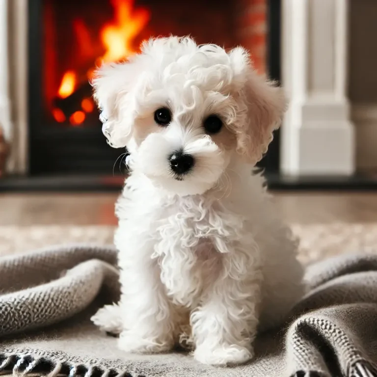 A white Schnoodle puppy sitting on a cozy blanket near a fireplace, looking curious. The puppy has fluffy fur and bright eyes