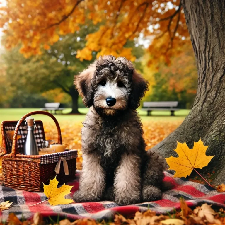 A giant Schnoodle puppy sitting on a picnic blanket under a tree