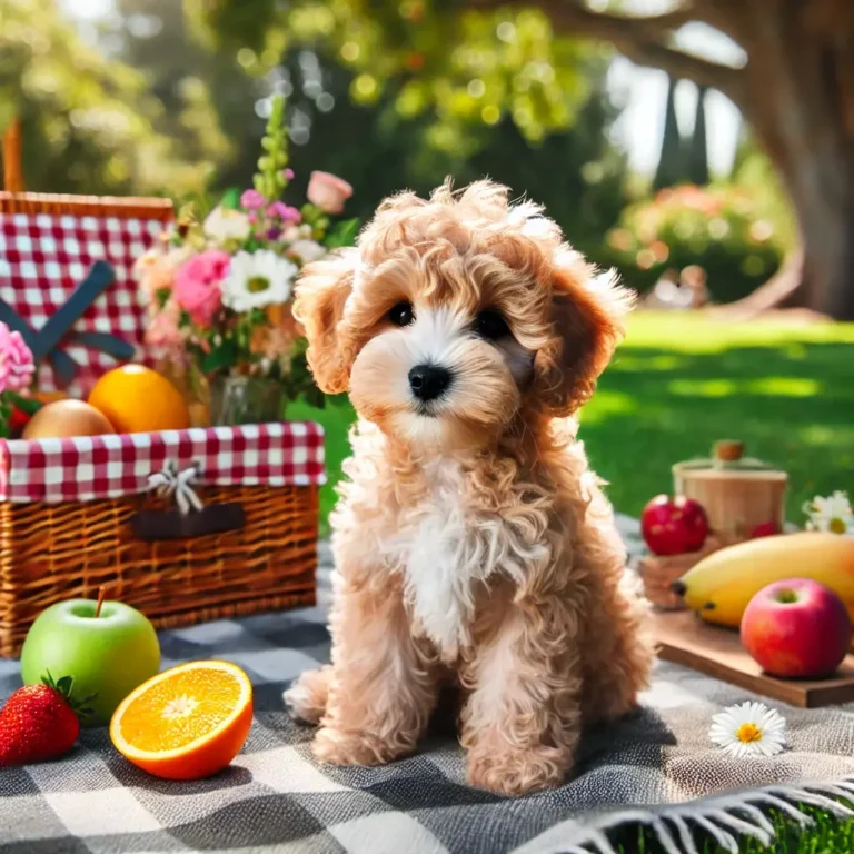 A miniature Schnoodle puppy sitting on a picnic blanket in a sunny park, surrounded by fresh fruit and flowers