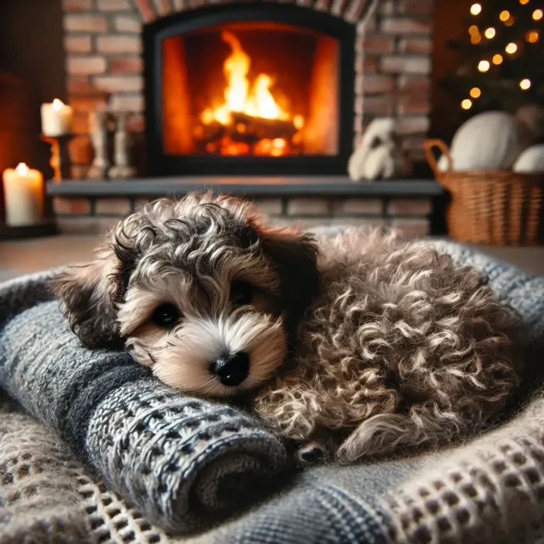 A Schnoodle puppy curled up on a cozy blanket near a fireplace, enjoying the warmth on a cold winter night