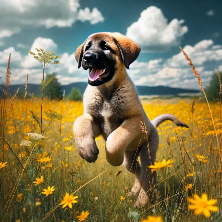 A big Kangal dog puppy playing in a field of yellow wildflowers, joyfully bounding through the tall grass under a bright blue sky