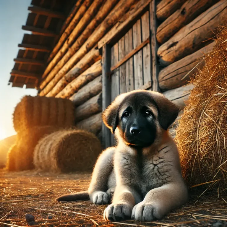 An Anatolian Kangal dog puppy resting near a rustic wooden barn, surrounded by hay bales, with the golden glow of sunset casting a warm light over the