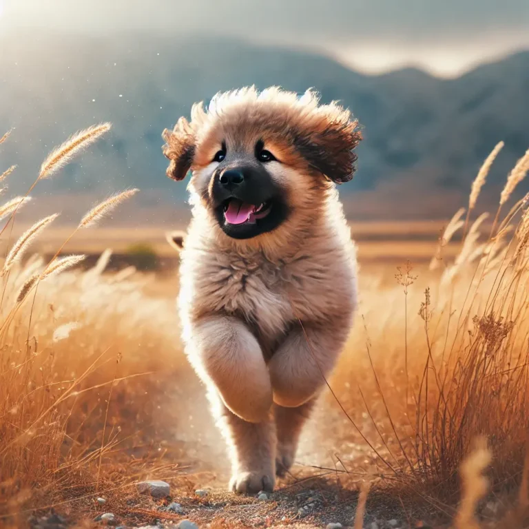 A Turkish Kangal dog puppy playing in a field of tall golden grass, joyfully running with the wind blowing through its fluffy fur