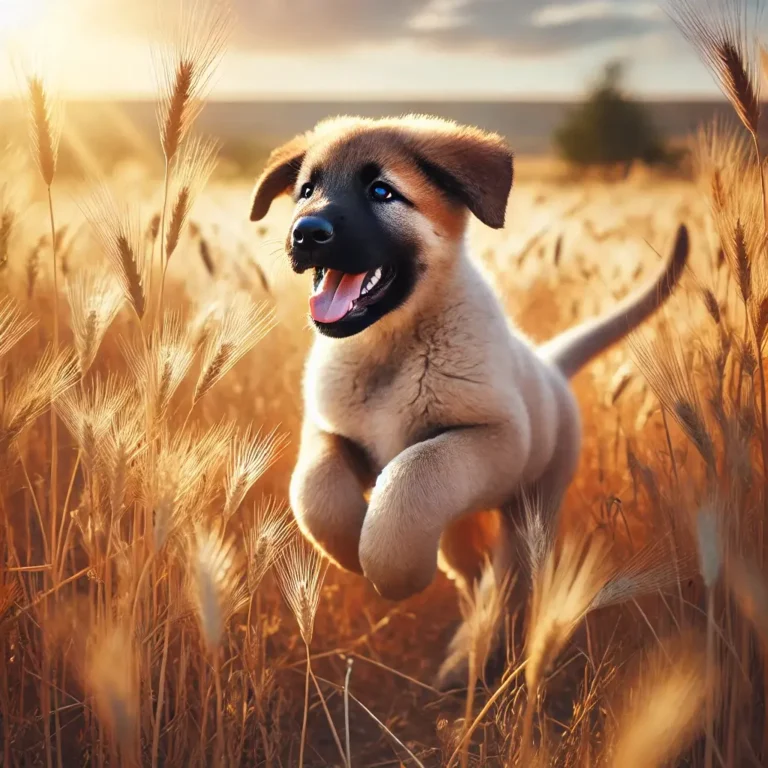 A Kangal Shepherd dog puppy playing in a field of tall golden grass, joyfully running under the bright afternoon sun