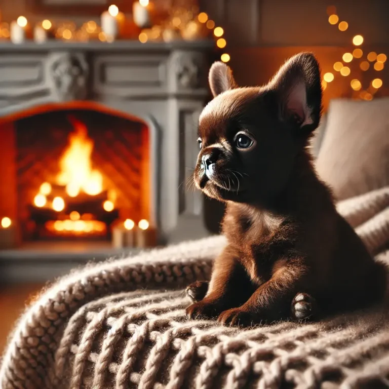 A chocolate fluffy Frenchie puppy sitting on a soft blanket in a cozy living room, gazing at a crackling fireplace with warm lighting
