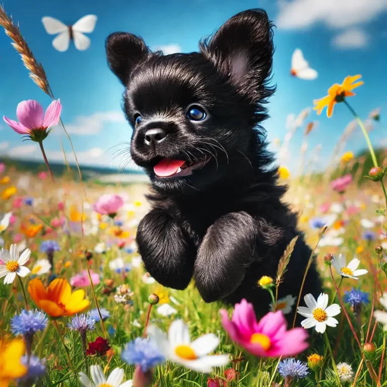 A black fluffy Frenchie puppy playing in a field of wildflowers, joyfully bounding through colorful blossoms under a bright blue sky