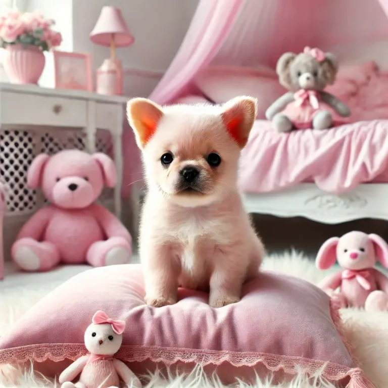 A pink fluffy Frenchie puppy sitting on a soft pastel cushion, surrounded by plush toys in a cozy and dreamy bedroom setting