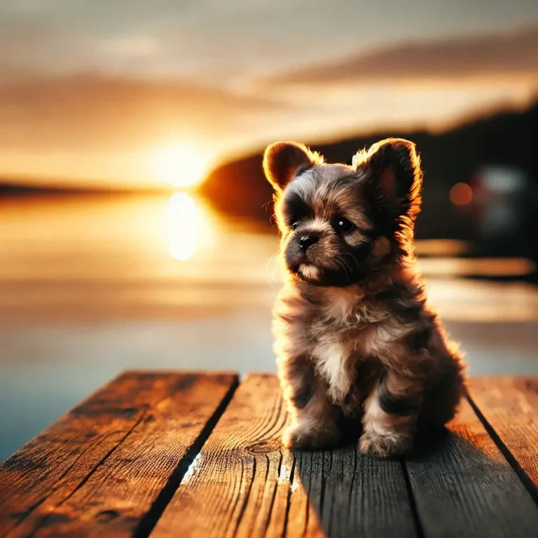 A merle fluffy Frenchie puppy sitting on a wooden dock, gazing at the sunset reflecting over a calm lake. The warm golden light highlights its unique
