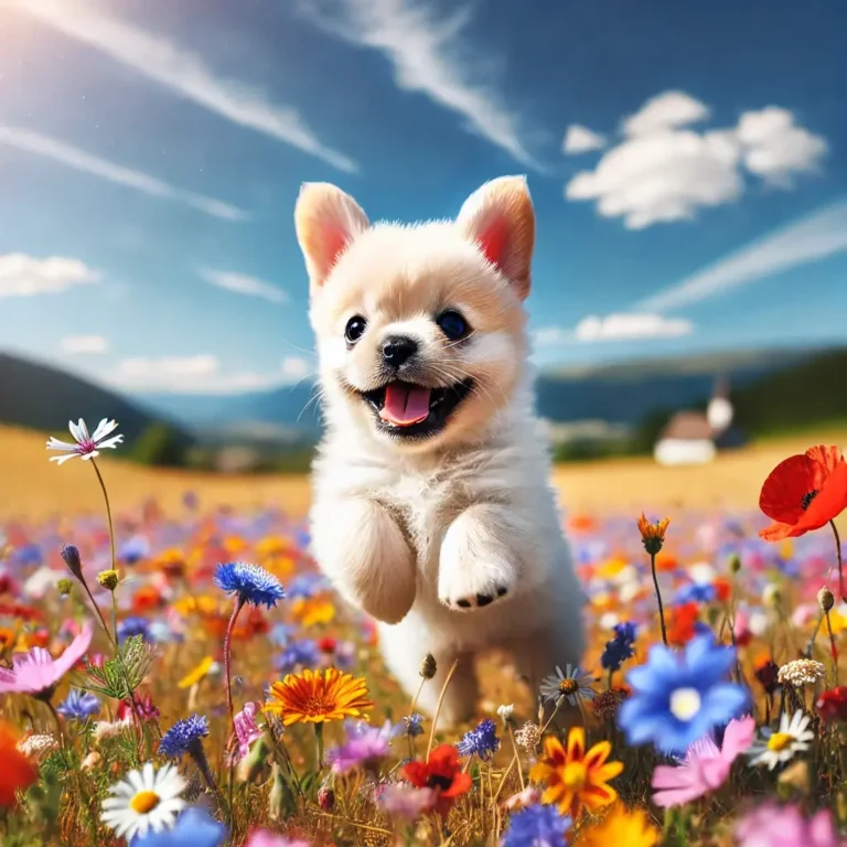 A fluffy Frenchie puppy playing in a field of colorful wildflowers, joyfully running under a bright blue sky