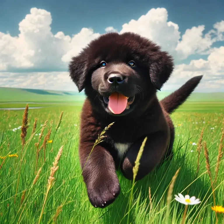 A black Alabai dog puppy playing in a vast green meadow, joyfully running through tall grass under a bright blue sky