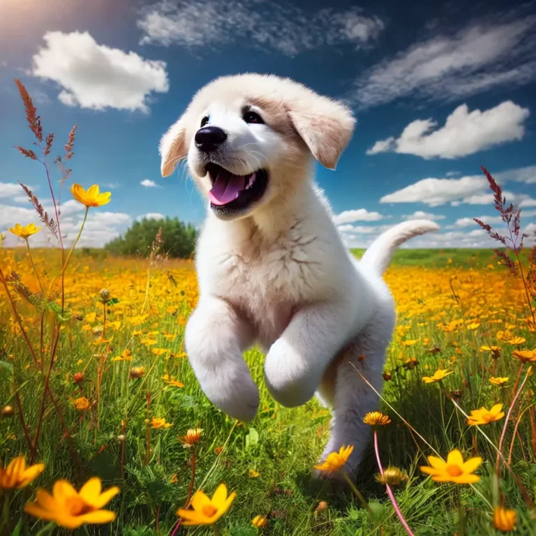 A white Alabai dog puppy playing in a field of yellow wildflowers, joyfully bounding through the tall grass under a bright blue sky
