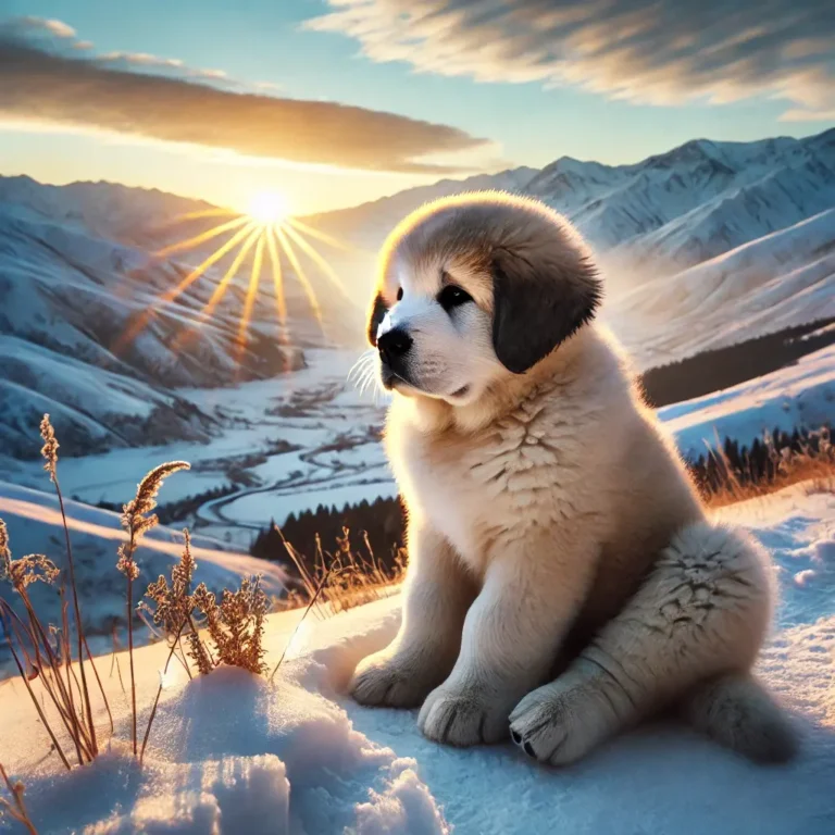 A Russian Alabai dog puppy sitting on a snowy mountain trail, looking over the vast winter landscape as the sun rises
