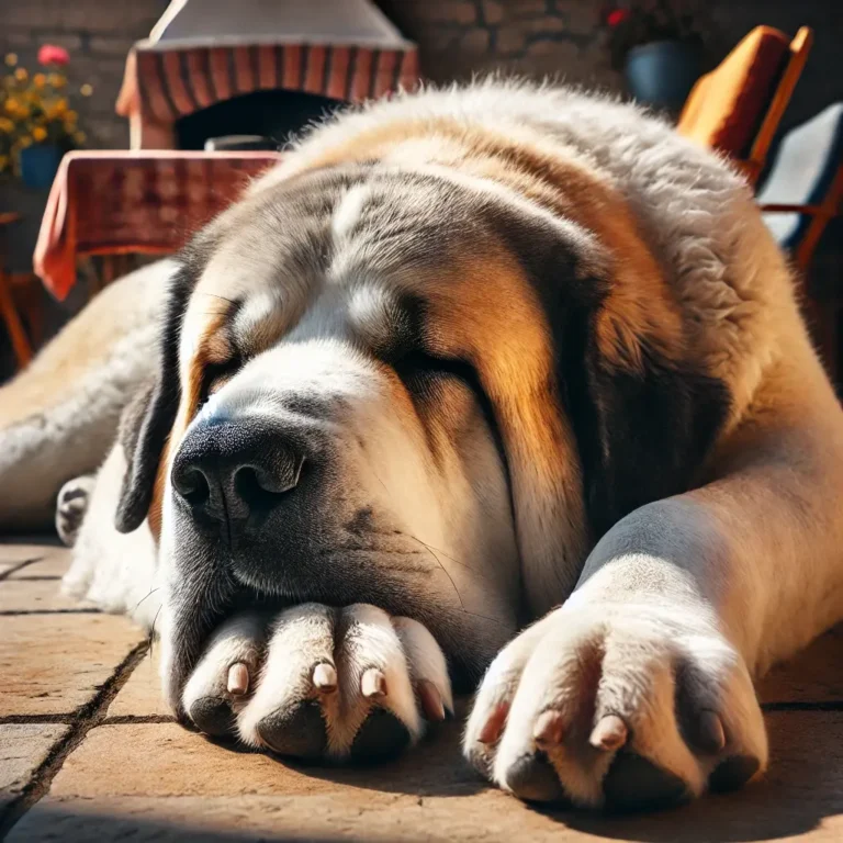 A giant Alabai dog lying on a stone patio, basking in the warm afternoon sun with a peaceful expression