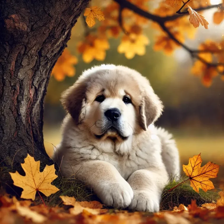 A big Alabai dog puppy resting under a tree, surrounded by autumn leaves, enjoying the crisp fall weather